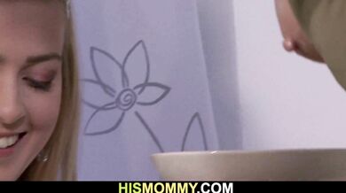 His gf and mom get messy and have lesbian fun in the kitchen