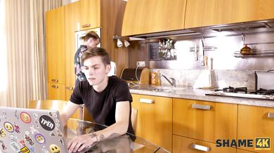 Hot young stud fucks mature slut in the kitchen
