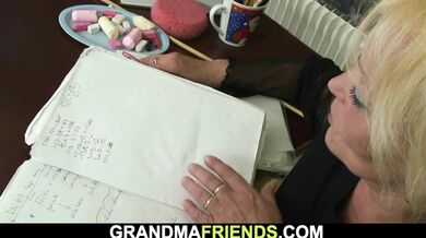 Hot blonde mature teacher sucks and rides cock two guys together