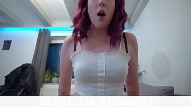 Slutty redhead with a perfectly shaved pussy fucks him on the bed