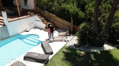 Hot black babe Tina Fire starts playing outside then inside for hot fuck