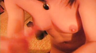 Brunette slub gives messy handjob with cum on tits