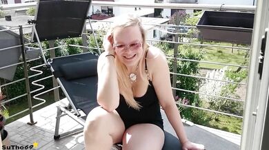 Curvy Blonde Playing On Balcony