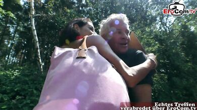 Cute teen hitchhiker fucks a grandpa in the forest