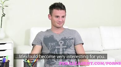 Blonde MILF has sex with a younger guy during his first job interview