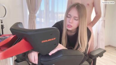 Cute Brunette Teen unpacks gamer chair before a hardcore fuck