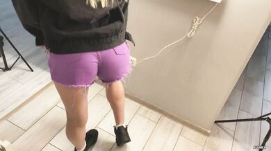 Blondie cutire in purple shorts visits next door for sex gives big cock blowjob