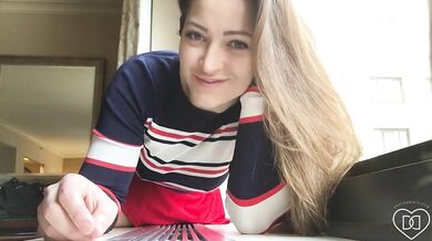 Brunette teen in sneakers sits on the window and fingers herself
