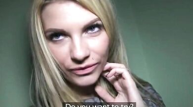 Hot blond Karina Grand get ass fucked on the stairs