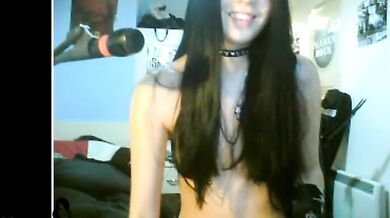 English brunette gets naked and fingers on webcam