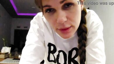 Sexy brunette camgirl kristymack in t-shirt in the studio