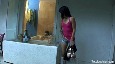 Brunette babe licks pussy lesbian fun