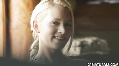 Romantic Macy jerks him off on her tits