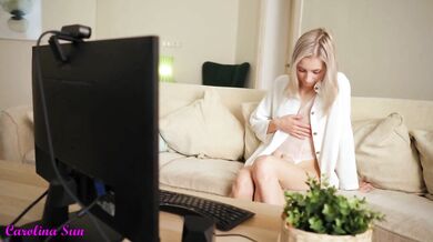 Blonde slut comes home and plays on the sofa fingers and big big dildo