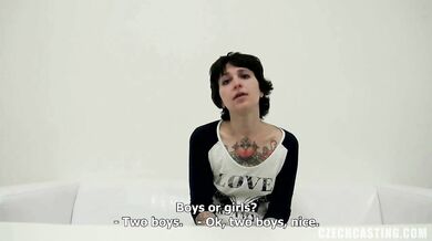 Brunette with tattoos fucking in casting video