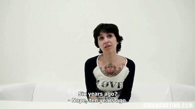 Brunette with tattoos fucking in casting video