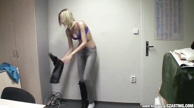 Skinny Czech blonde at casting interview and strips before fucking